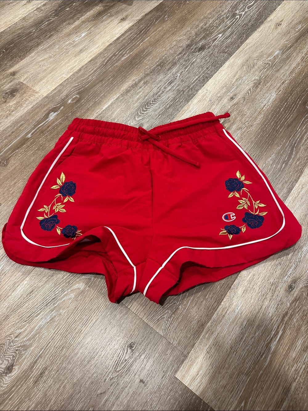 Champion Red Athletic Shorts with Navy Floral Embroidery new